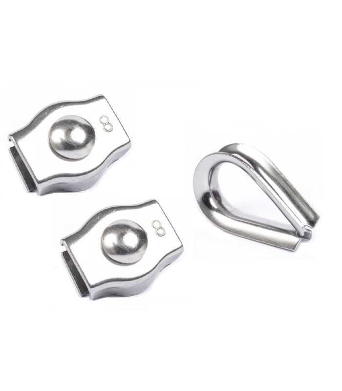 Kit inox 2 Serres cables simples et 1 cosse coeur câble de 4mm Kit inox 2 Serres cables simples et 1 cosse coeur câble de 4mm
