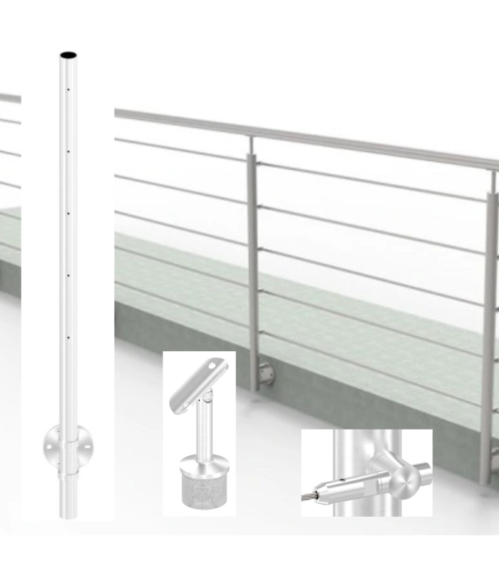 Poteau inox à l'anglaise 5 câbles pour garde-corps