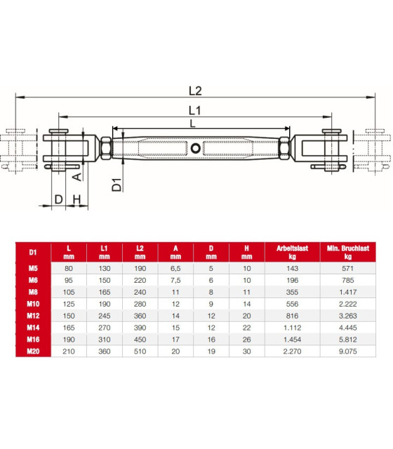 Tendeur câble chape-chape inox A4.