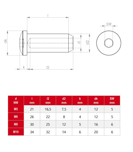 Terminaison taraudée tête cylindrique BTR inox A4
