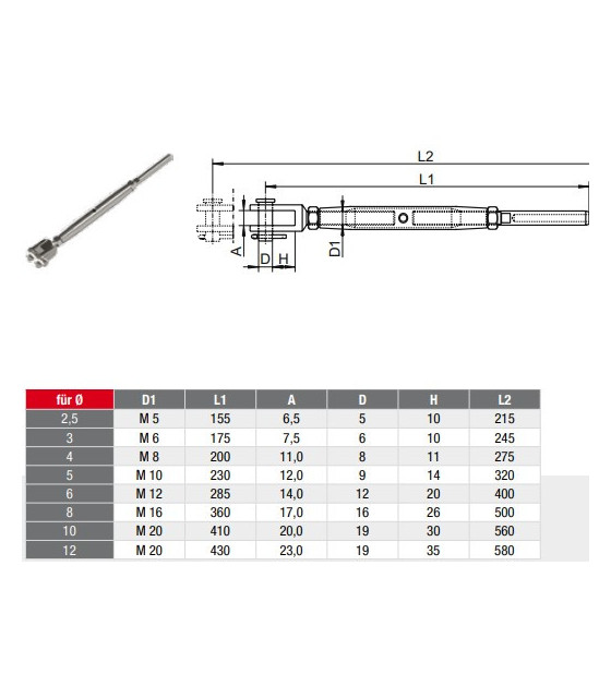 Ridoir à chape fixe en inox A4 avec terminaison à sertir sur l'extrémité d'un câble inox.